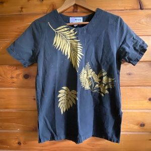 Black Cotton Tee Shirt with Golden Tropical Floral /Leaf Print Size Womans Small